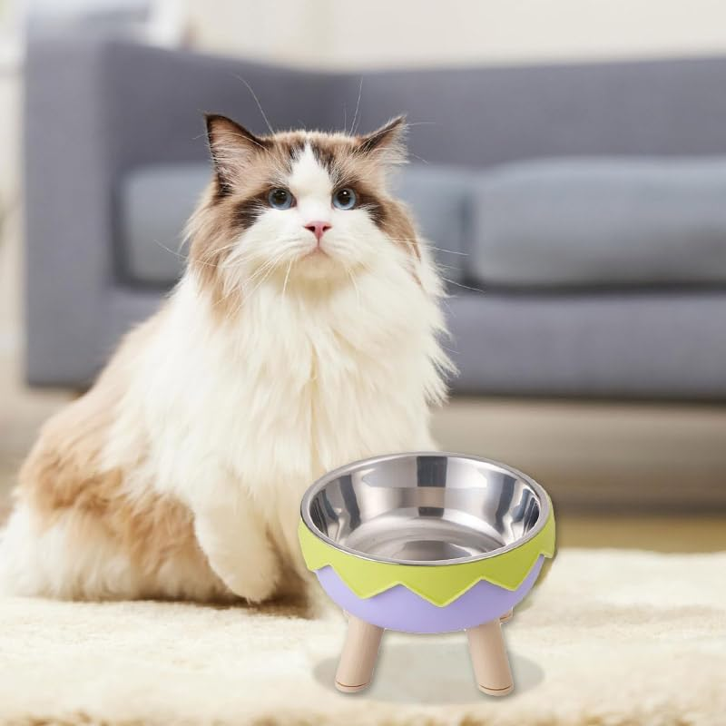 AIMALL Raised Eggshell Pet Bowl for Cats and Small Dogs &ndash; 5.6In Elevated Macaron Colour Stainless Steel Feeding Bowl with Neck Protection and Non-Slip Base image number 4
