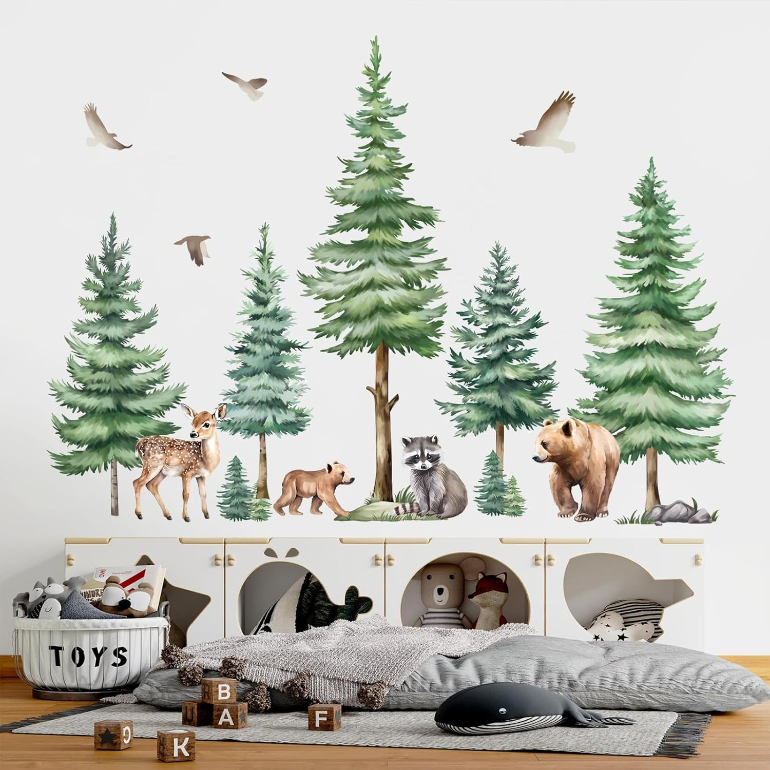 Decalmile Large Pine Tree Wall Decals Woodland Animal Bear Wall Stickers Baby Nursery Kids Room Bedroom Wall Decor image number 1
