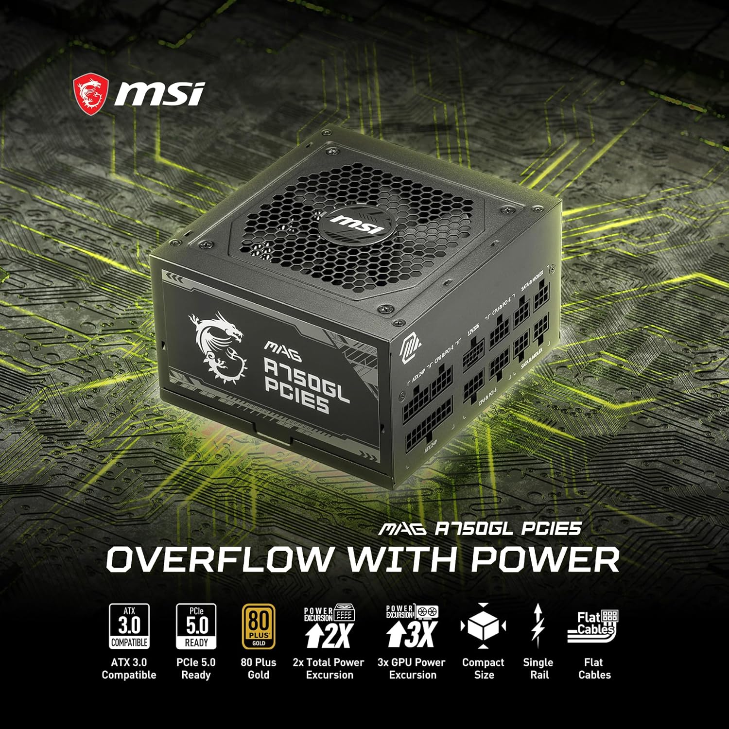 MSI MAG 750W Power Supply 80 plus Gold - -Native 16 Pin Connector Design - -Full Modular Design - 7 Year Warranty -Industrial Level Protection with OVP,OCP,OPP,OTP, SCP, UVP [MAG A750GL PCIE5] image number 1
