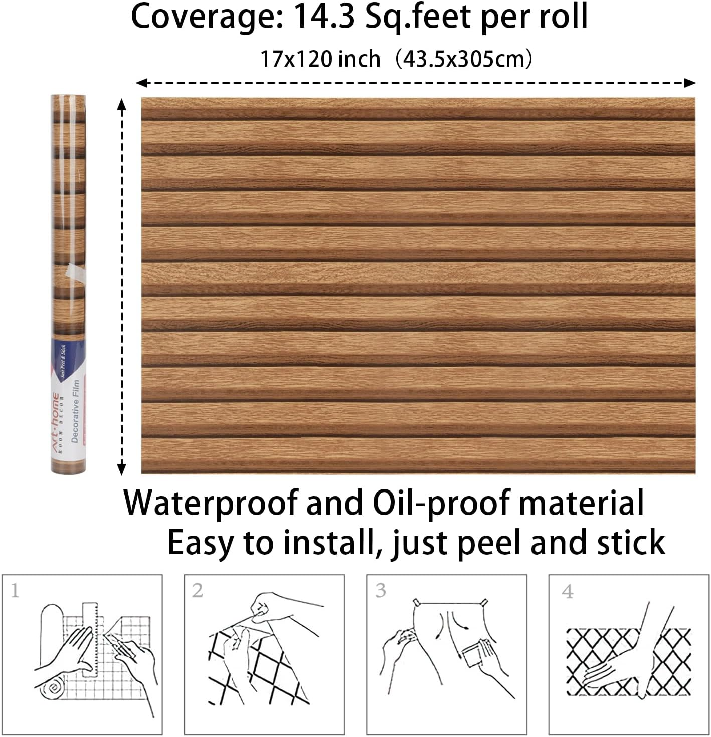 Arthome 43.5X305Cm Light Brown Stripe Wallpaper Self-Adhesive Removable Peel and Stick Wallpaper Vinyl Decorative Grain Paper Slats Easy to Clean image number 3