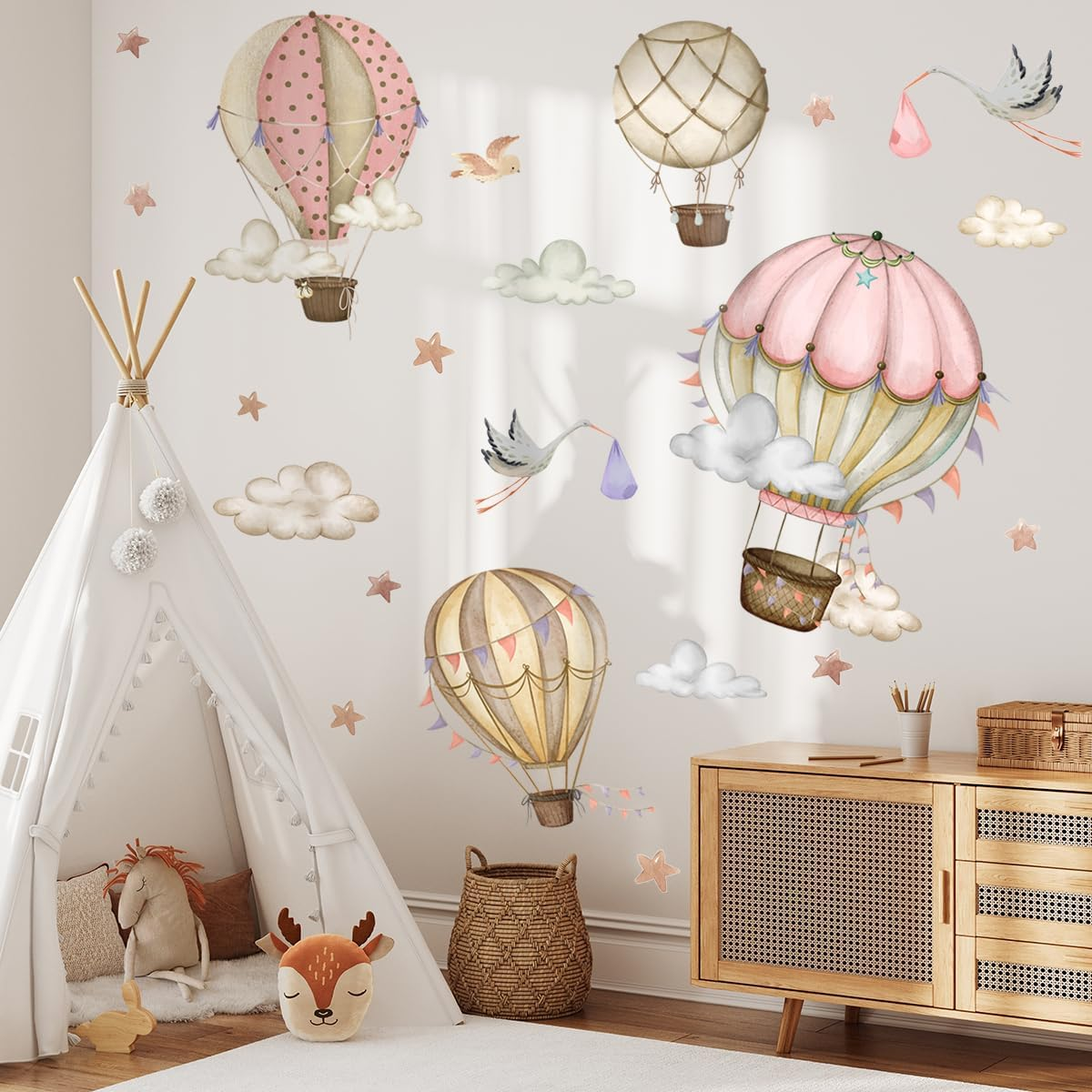 Removable Hot Air Balloons Wall Decals Watercolor Balloons Birds Stars Wall Stickers DIY Hand Painting Hot Air Balloons Clouds Flags Decor for Kids Girls Bedroom Living Room Nursery Decor image number 2