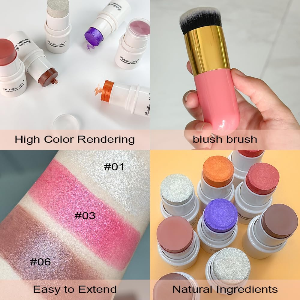 3 Colors Cream Blush Sticks, Contour Stick Makeup Kit for Cheeks, Non-Greasy, Matte Finsh, Long-Lasting, Face Makeup Contouring & Highlighter & Blush Sticks with Brush image number 3