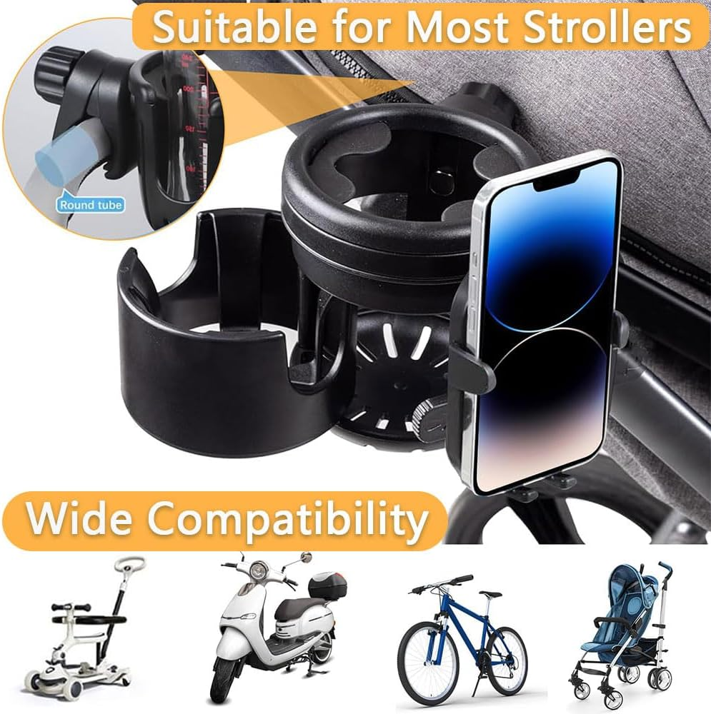 3-In-1 Stroller Cup Holder with Phone Mount &ndash; Universal 360&deg; Rotating Drink Holder for Stroller, Bike, Wheelchair, Scooter & Walker, Adjustable Bottle & Phone Rack (Black) image number 6