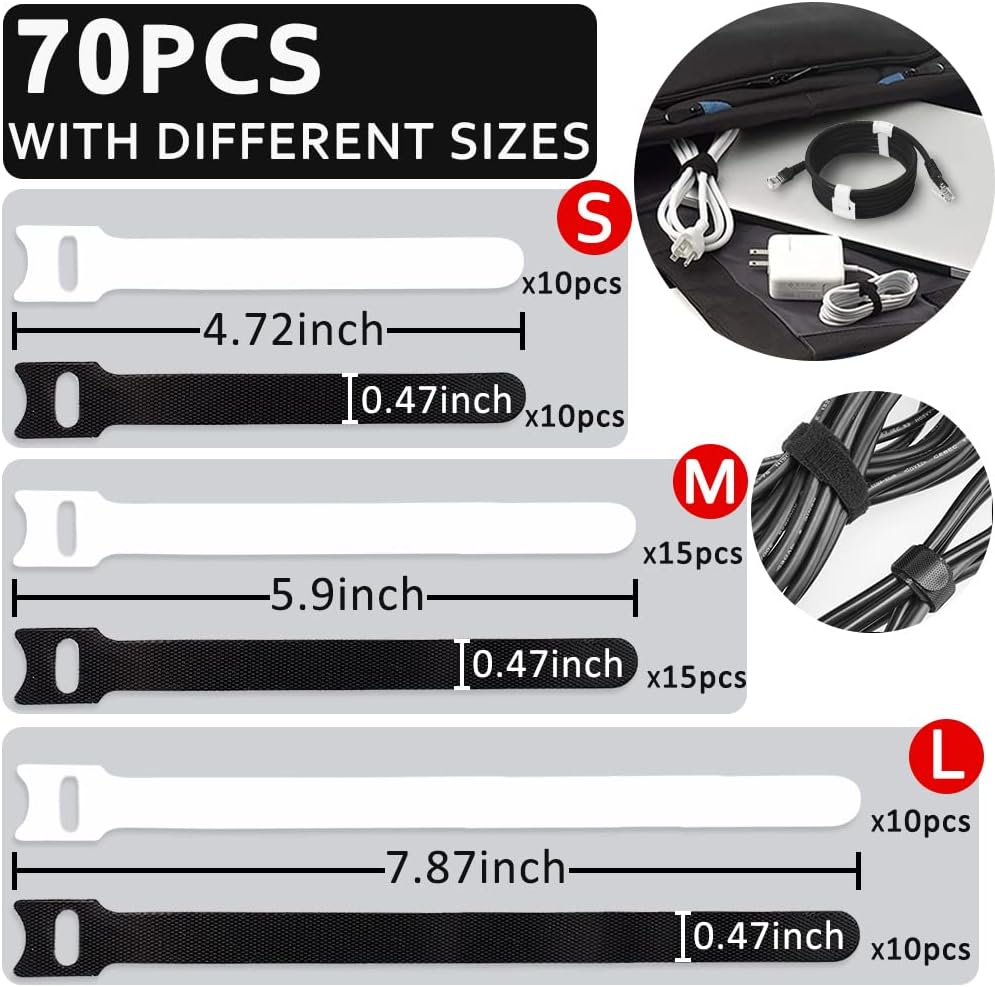 70Pcs Computer Cable Ties, Wire Ties, Cord Ties Reusable for Electronics, Hook and Loop Microfiber Cable Ties Extension for Storage, Black and White, 4, 6, 8 Inch