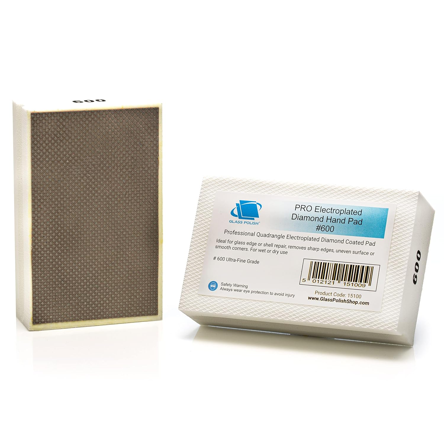 GLASS POLISH PRO Diamond Hand Polishing Pad, Grit 600 Ultra Fine Foam Sanding Block for Smoother Finish and Delicate Sanding of Glass, Tiles, Ceramics, Concrete, Granite, Marble, and More - GP15100