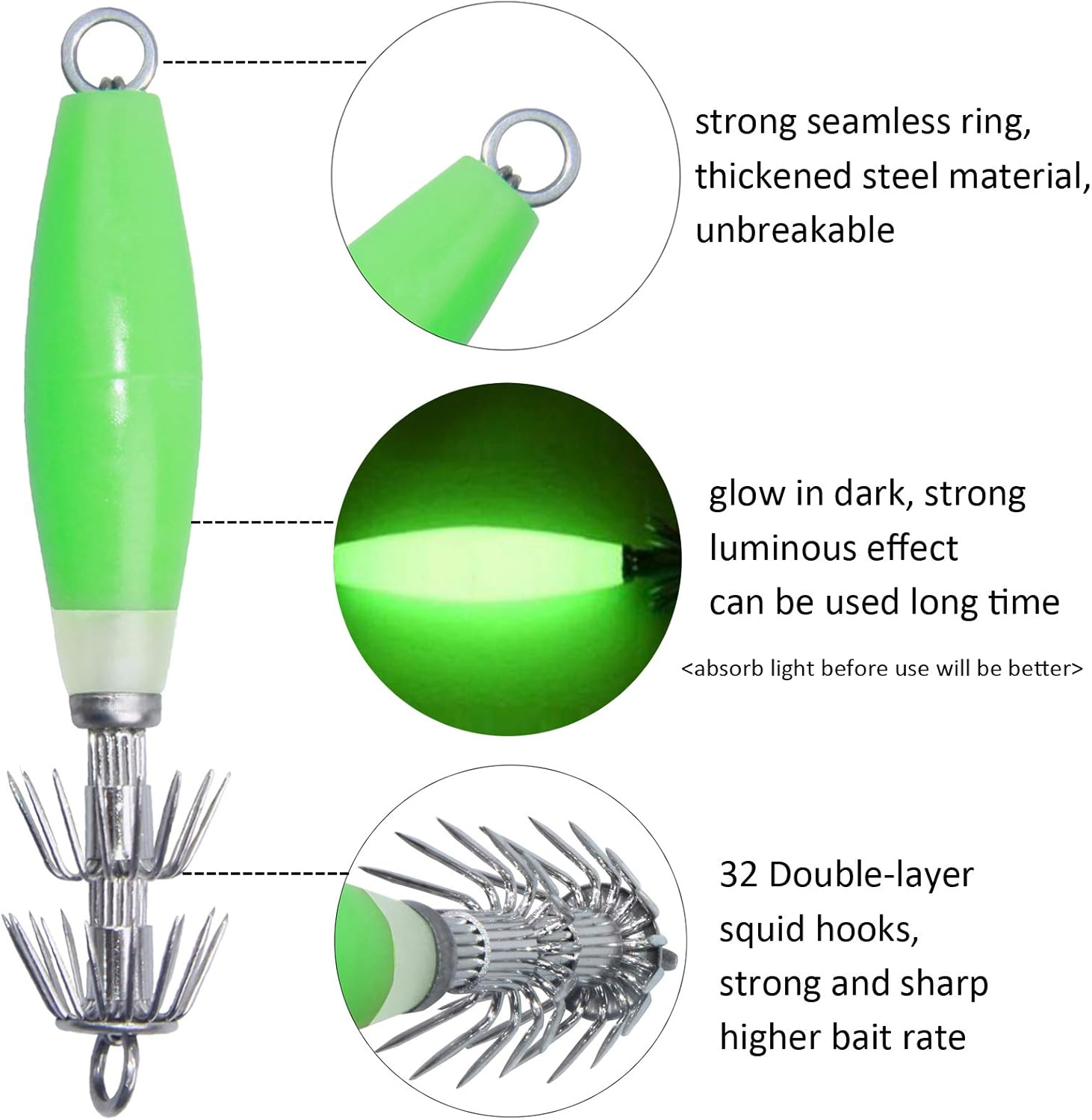 JSHANMEI Fishing Fluorescent Squid Cuttlefish Sleeve Jig Fishing Lure Bait Head Hook Luminous Octopus Lure Glow in Dark - 10Pcs/Box image number 3