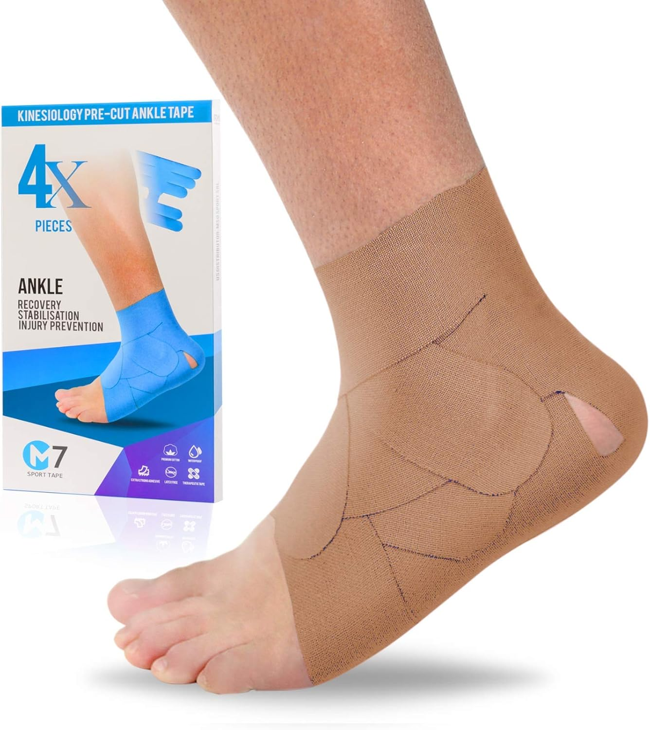 M7 Sport Kinesiology Ankle Tape for Ankle Sprain and Injury Recovery, Kt Tape for Ankle, Pain Relief Therapeutic Tape, Plantar Fasciitis, Waterproof, Eases Swelling (Beige, 4-Pack)