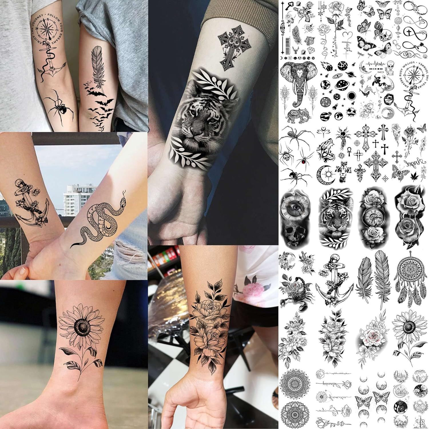 64 Sheets Long Lasting Flower Temporary Fake Tattoos for Women Arm Neck, Jellyfish Sunflower Moon Rose for Adults Girl, 3D Temp Realistic Snake Tatoo Stickers Serpent Peony Floral Kids image number 1