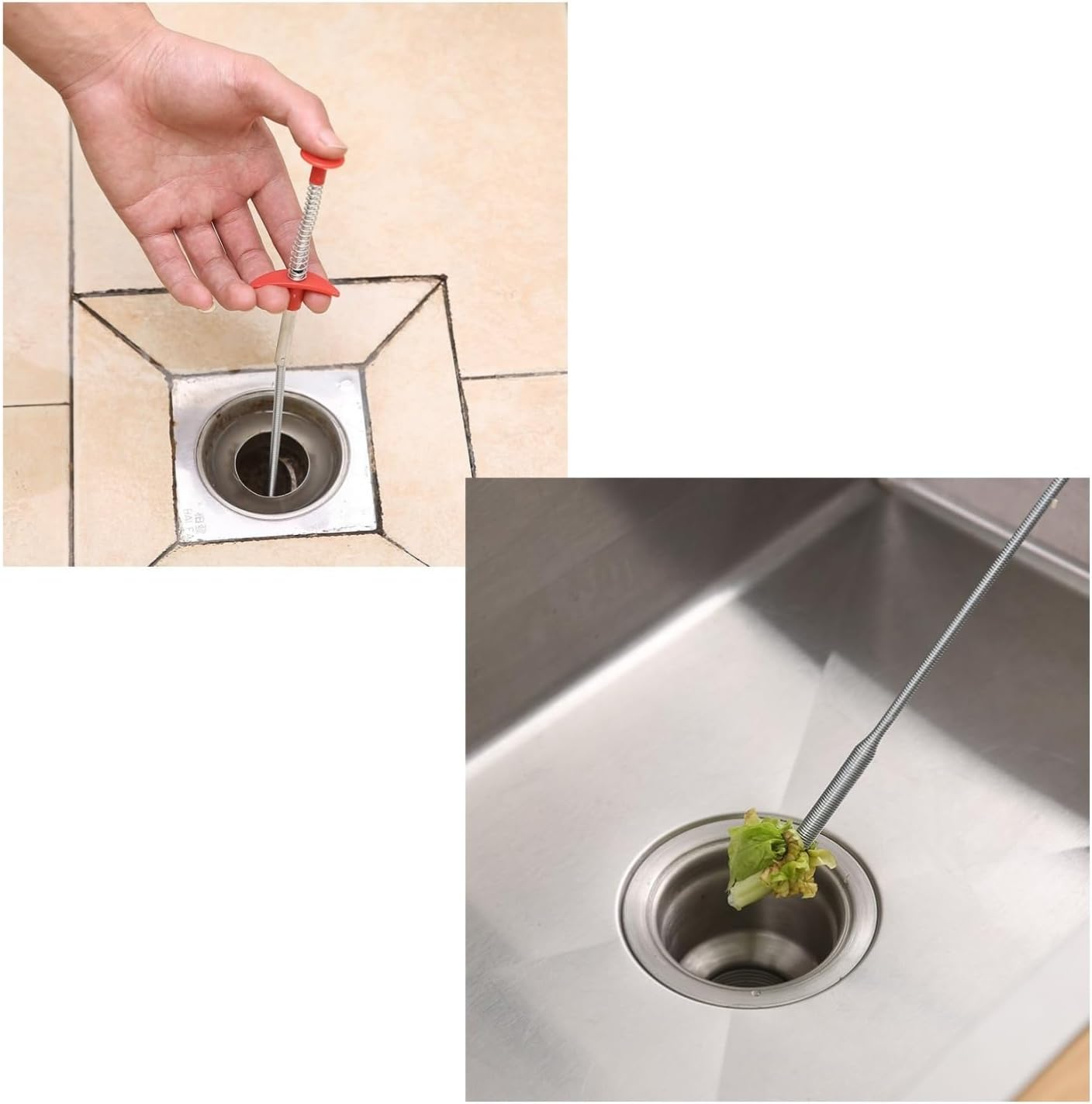 JZK 60CM Kitchen Bathroom Sink Drain Pipe Unblocker Tool, Four-Jaw Handle Spring Grabber Tool, Drain Cleaning Brush Bendable Flexible Long Wire Rod Stick, Pipe Dredging Tool for Sink Blockages