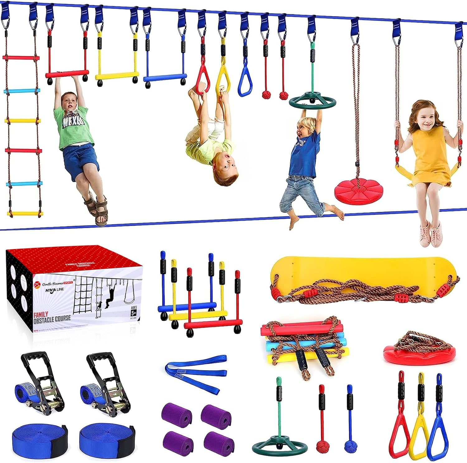 Ninja Warrior Obstacle Course for Kids, 2&times;56Ft Slackline Kit with 8 Ninja Accessories - Monkey Bar, Rope Ladder, Gymnastic Ring, Arm Trainer and Monkey Fist image number 2
