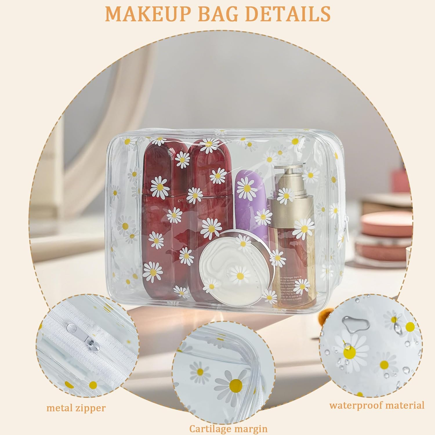 2Pcs Pink Daisy Flower Cosmetic Bag 25Cm X 6Cm X 18Cm Clear image number 4