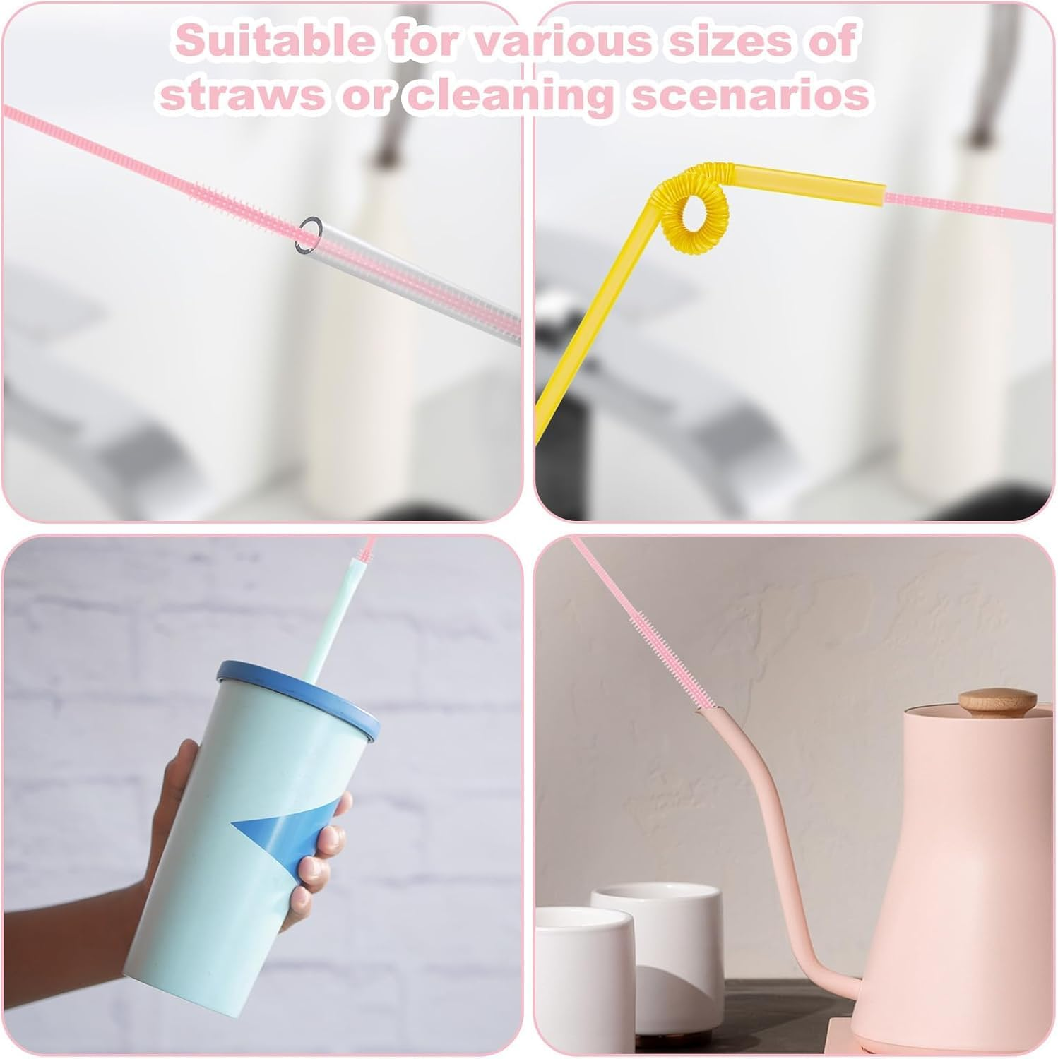 Silicone Straw Cleaner Brush Set - 3 PCS Extra Long Reusable Straw Brushes for Glass, Metal & Smoothie Straws - Food Grade Bpa-Free with Non-Slip Handle (3Mm+6Mm+9Mm, Pink) image number 2