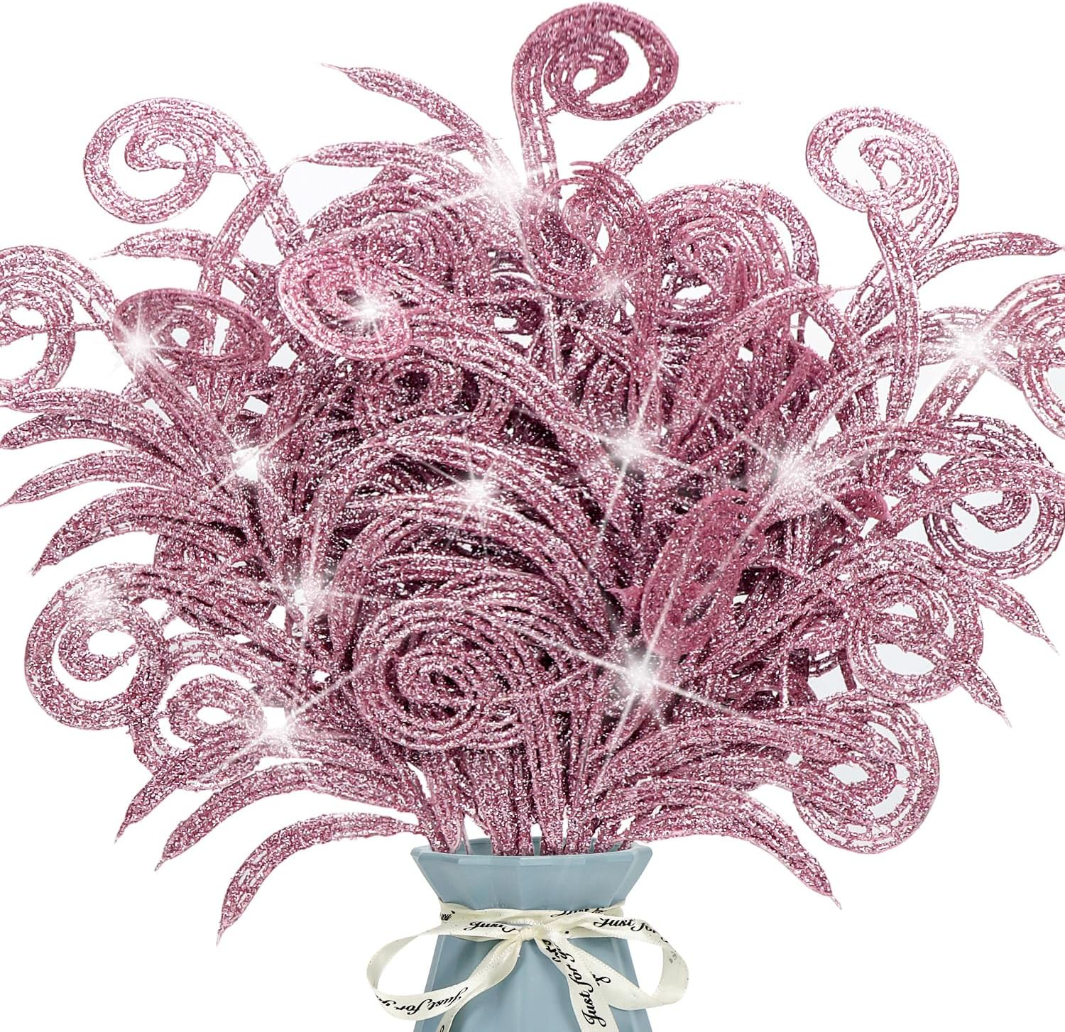 12 Pcs Glitter Christmas Leaves, Artificial Leaf Spray Picks Christmas Foliage Christmas Tree Filler Branches Christmas Wreath Decor for DIY Wreath Wedding Table Centerpiece Decorations (White)