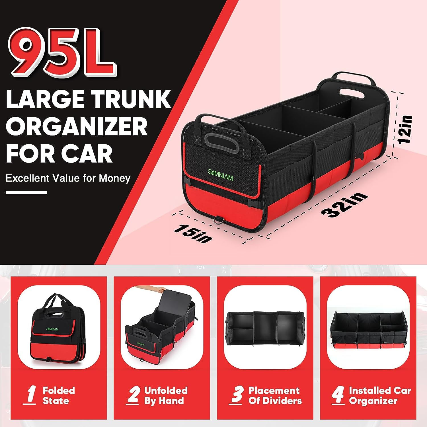 Simniam Large Trunk Organizer for Car, Collapsible Multi Compartment Car Trunk Organizer with 2 Retractable Straps, Suitable for All Kinds of Cars, SUV, Minivan - 4 Compartments Red image number 4