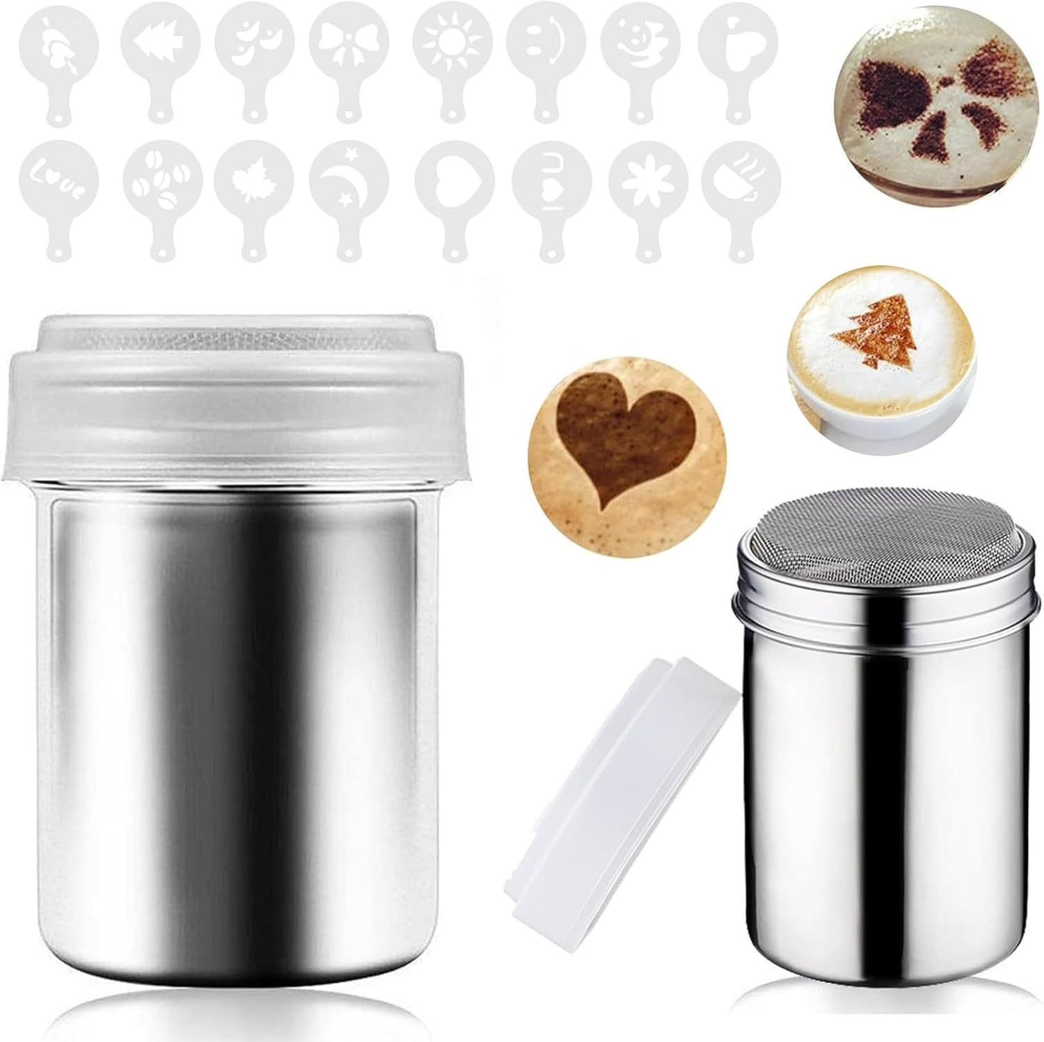 Chocolate Shaker for Coffee, Stainless Steel Duster Dredges Cans Coffee Sprinkles Powder Set - Cocoa Cinnamon Powder Can with 16 Printing Molds, Flour Shakers for Kitchen Baking Cooking (S) image number 5