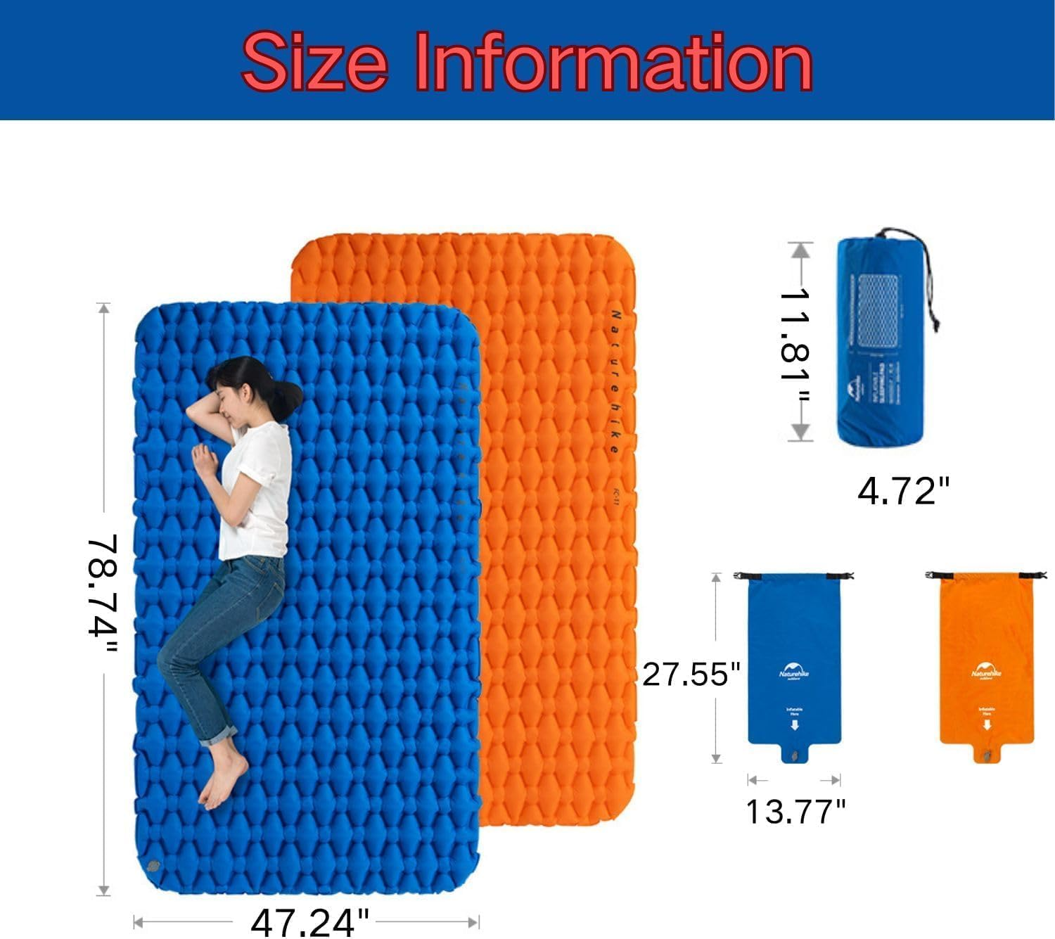 Windhike Naturehike Inflatable Double Camping Sleeping Pad, Ultralight Durable 2.55" Thickness Camping Mattress, Compact Air Mat for Hiking, Traveling, Backpacking&Outdoor (Blue) image number 6