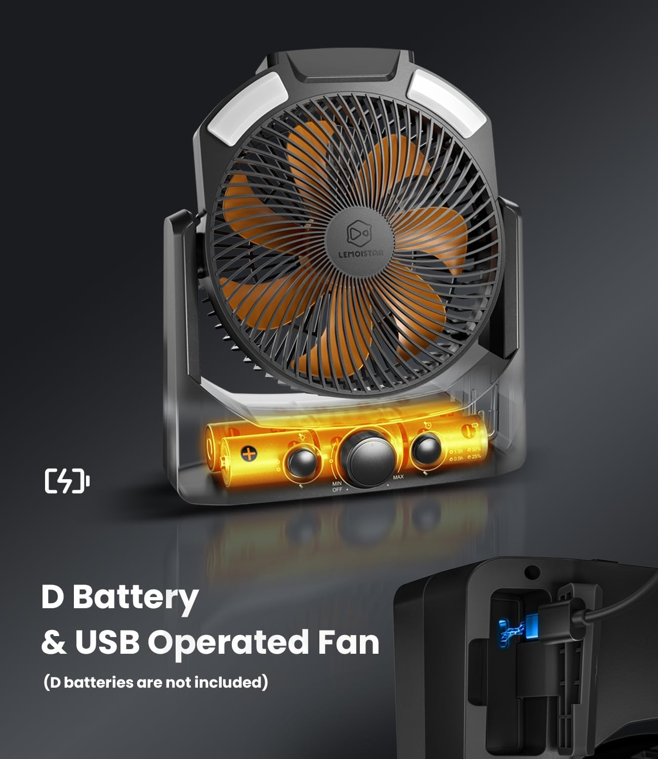 Camping Fan with LED Lantern, 8 Inch D-Cell Battery Operated Desk Fan with Timer, High Velocity Stepless Speed Control, Quiet,Sos Light, 180&deg; Rotation USB Fan for Outdoor, Hurricane, Emergency image number 5