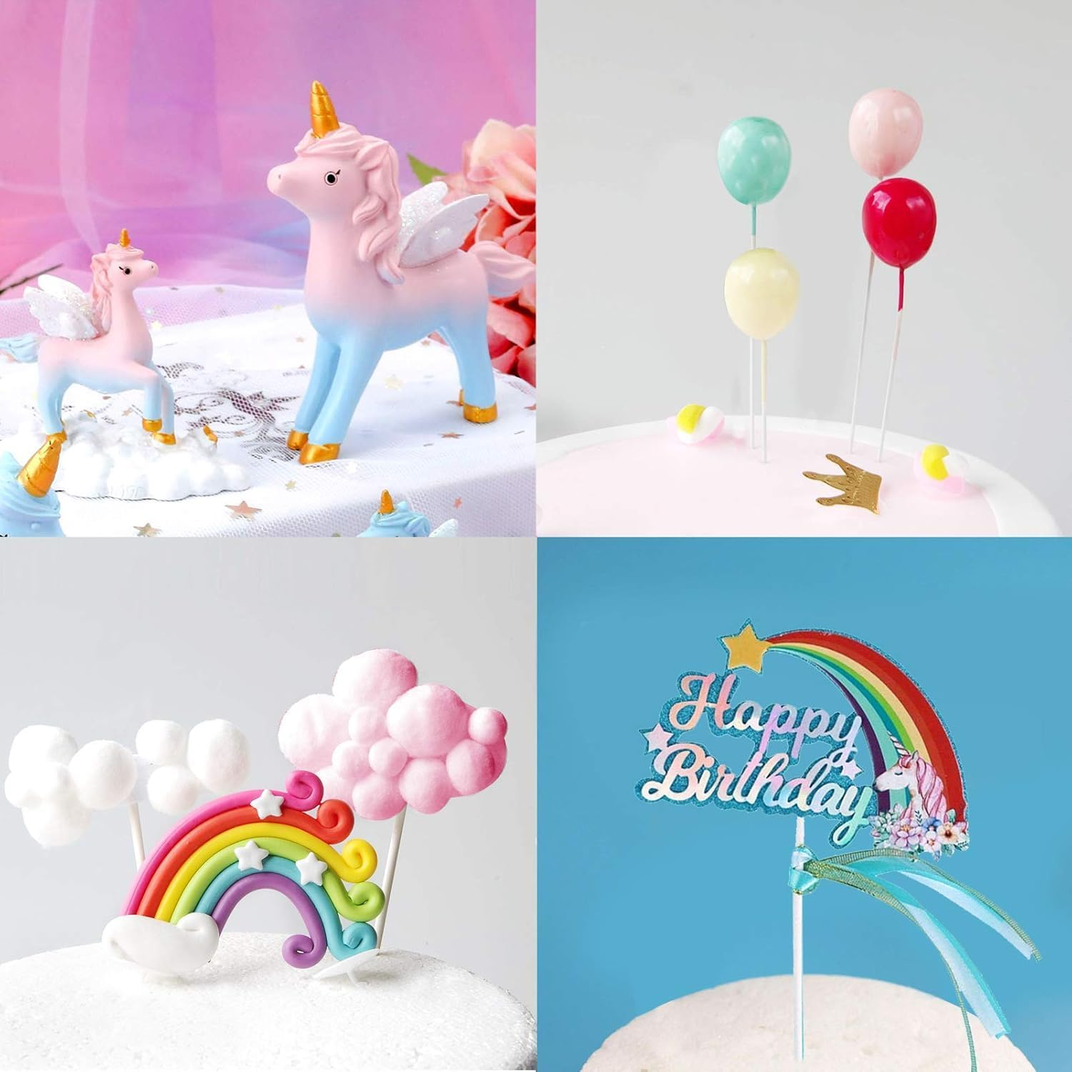 23Pcs Unicorn Cake Topper Kit, 2 Magic Unicorns Sculpture, 1 Rainbow, 1 Happy Birthday Banner, 2 Cloud, 4 Balloon, 12 Stars 1 Moon Happy Birthday Cake Decoration for Boy Girl Kid Women Birthday Party image number 1