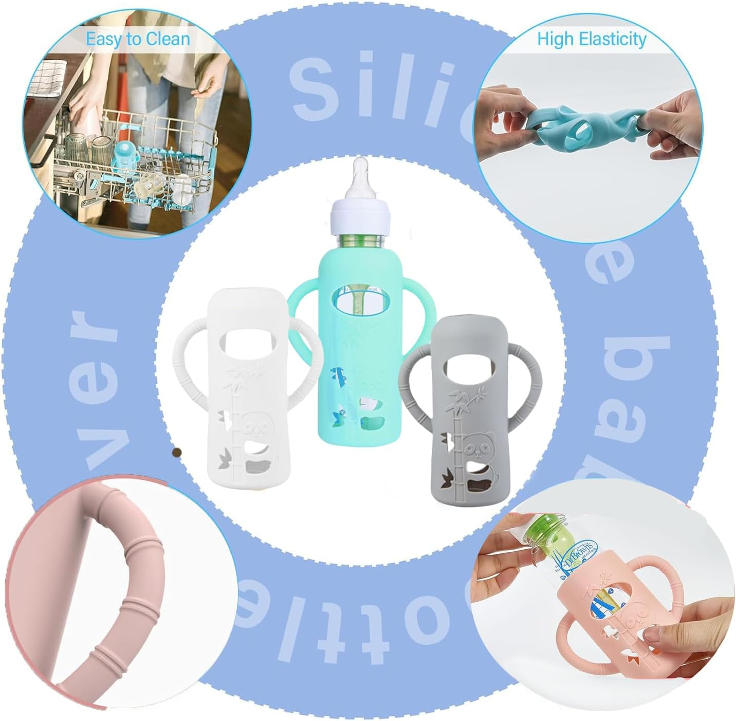 3 Pack Silicone Sleeves for Dr. Brown'S Glass Baby Bottles - anti Breakage Baby Bottle Holder, Compatible with Dr. Brown'S Newborn Glass Bottles,With Silicone Handles,4 Oz (White+Blue+Grey, 120Ml) image number 2