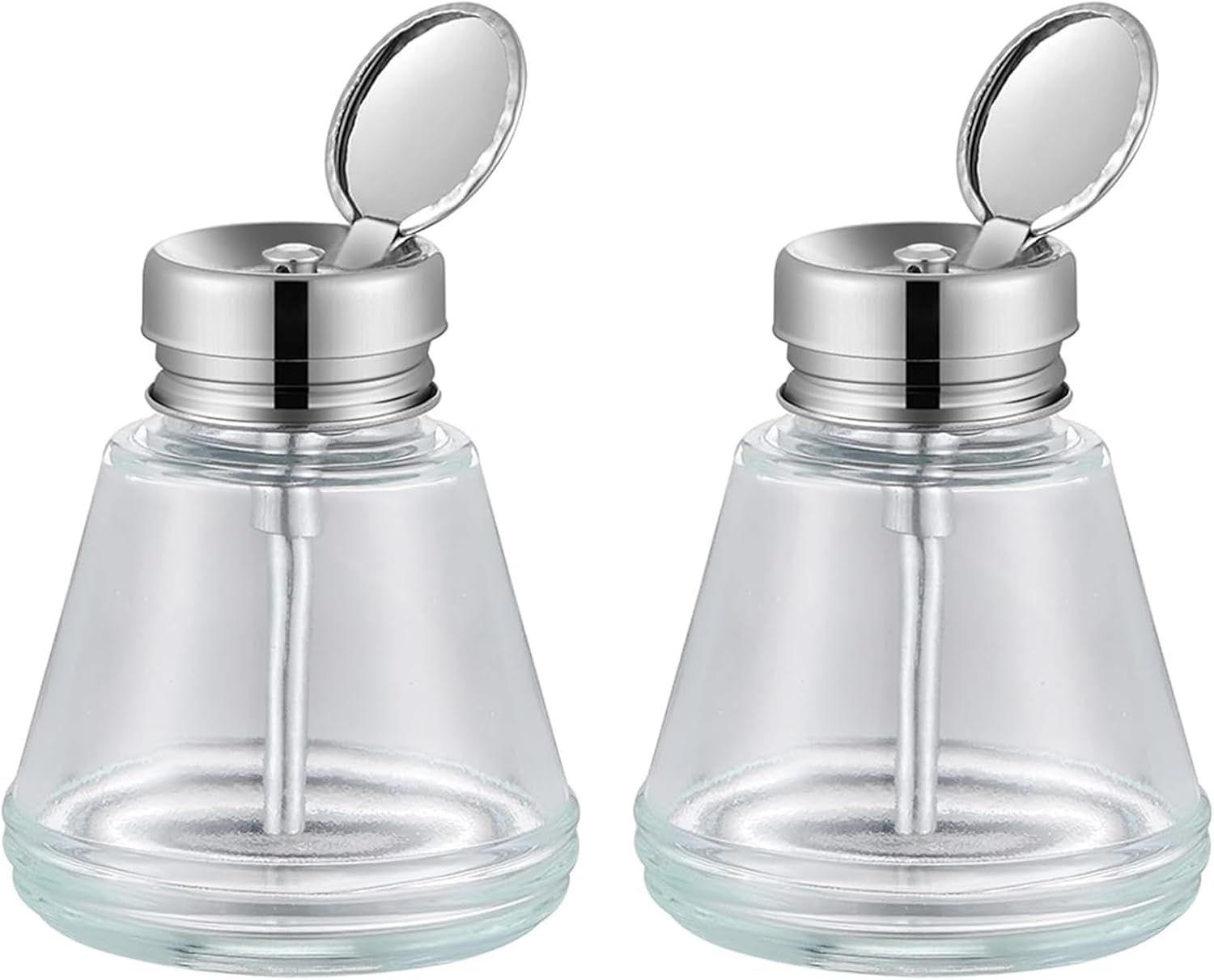HEHIPLE 2 Pcs 6 Oz/ 180 Ml Clear Glass Pump Dispenser Bottle with Metal Flip Cover for Makeup Remover, Nail Polish Remover, Lotions, Soaps, Shampoos - Reusable, Leak-Resistant, Modern, Chrome Finish