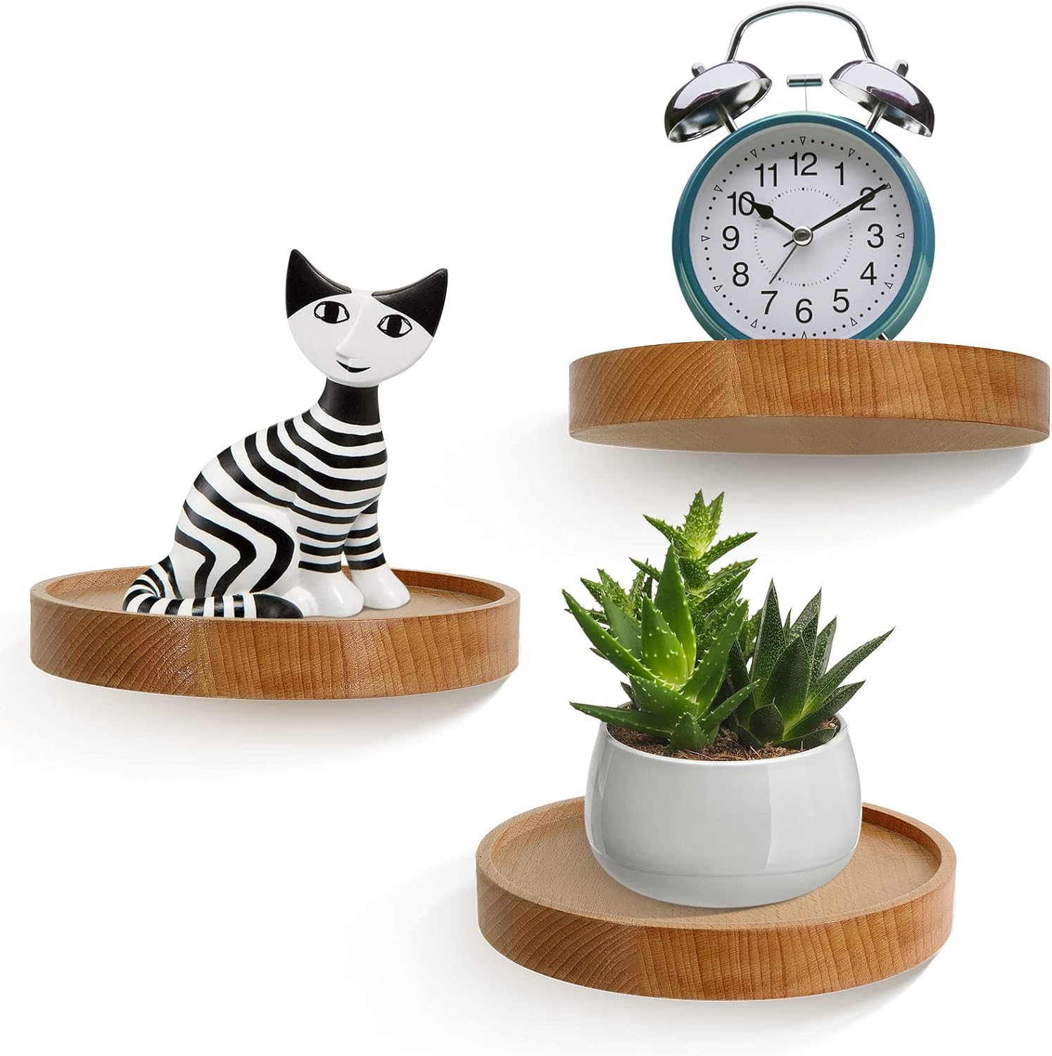 Acelist 3-Pack round Floating Shelves for Wall Decor, 6'' Diameter Beech Wood Floating Shelf, Cup Plant Wall Shelves for Bedroom, Bedroom, Living Room, Bathroom, Kitchen image number 4