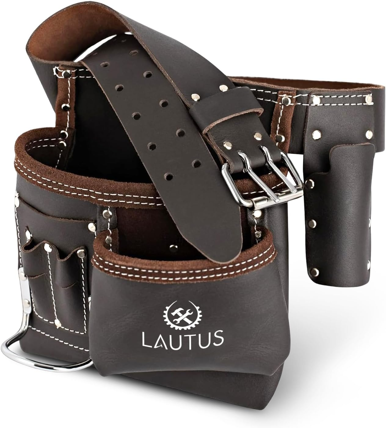 LAUTUS 5 Pocket Oil Tanned Tool Belt/Pouch/Bag/Apron Carpenter, Construction, Framers, Handyman, Electrician | 32-Inch to 46-Inch | Brown| Hammer Holder| Built Tough| image number 1