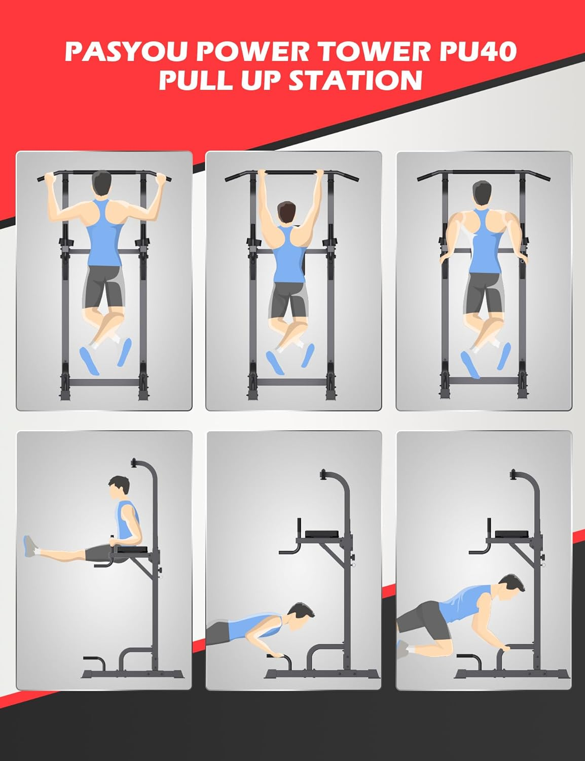 PASYOU Power Tower Pull up Bar Stand 9 Levels Adjust Workout Dip Station for Home Gym Strength Training Equipment Max Load 300KG image number 5