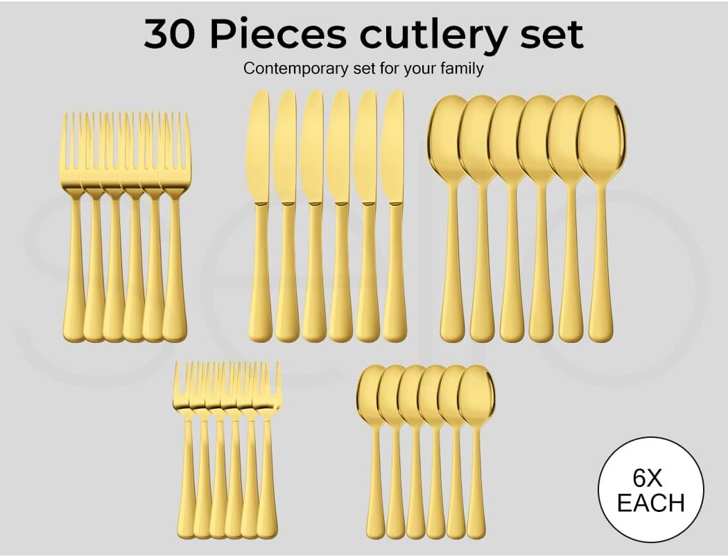 TOQUE 30PCS Gold Cutlery Set, Stainless Steel Kitchen Knife Fork Spoon Sets, Food Grade Travel Camping Mirror Polish Dishwasher Safe Coffee Utensil Dinner Portable Set - Black image number 6