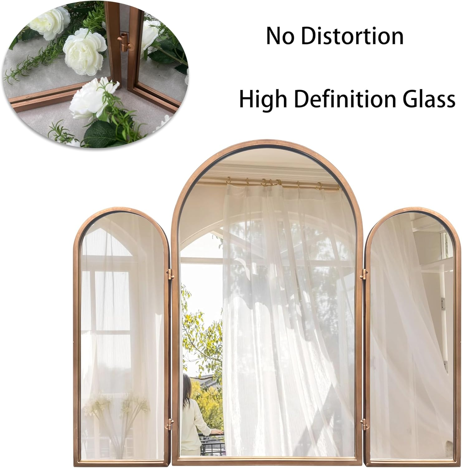 BAODANFU Trifold Vanity Mirrors 3 Way Trifold Vintage Gold Arch Mirrors Wall Mounted Decoration, Braiding Hair, Makeup 360&deg; Way image number 5