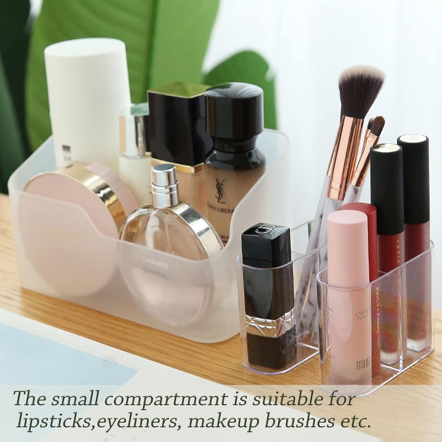 Ailelan Cosmetics Organiser, 2 Pack Makeup Organiser Storage Box with Detachable Makeup Brush Holder, Waterproof Makeup Storage Box Vanity Organiser for Bathroom Mirror Cabinet Desk Office Organize