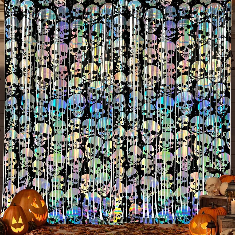 2 Pack 6.6Ft Halloween Foil Fringe Curtain, Holographic Skull Metallic Tinsel Streamer Spooky Party Photo Booth Props Backdrop for Wall Door Indoor Outdoor Decoration image number 5
