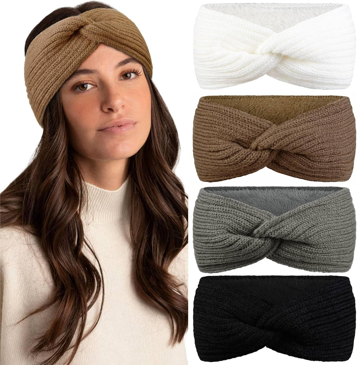 WOVOWOVO Pack of 4 Women'S Winter Headbands, Knitted Girls Women Headbands, Hair Band, Wide Warm Ear Warmers, Elastic Crochet Hair Bands, Fleece Lining, Twisting Headband, Hair Accessories, Headband