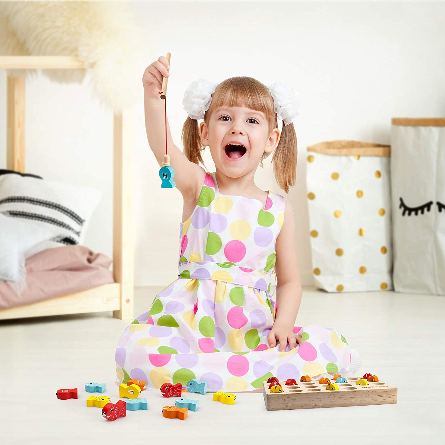 Coogam Wooden Magnetic Fishing Game, Fine Motor Skill Toy ABC Alphabet Color Sorting Puzzle, Montessori Letters Cognition Preschool 2 3 4 Years Old Toddler Kid Early Learning with 2 Pole image number 1