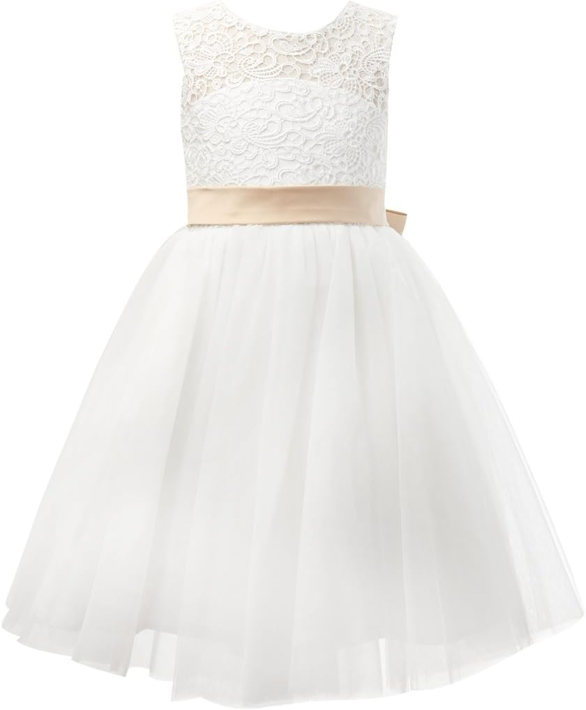 Miama Ivory Lace Tulle Keyhole Back Wedding Flower Girl Dress Junior Bridesmaid Dress image number 2