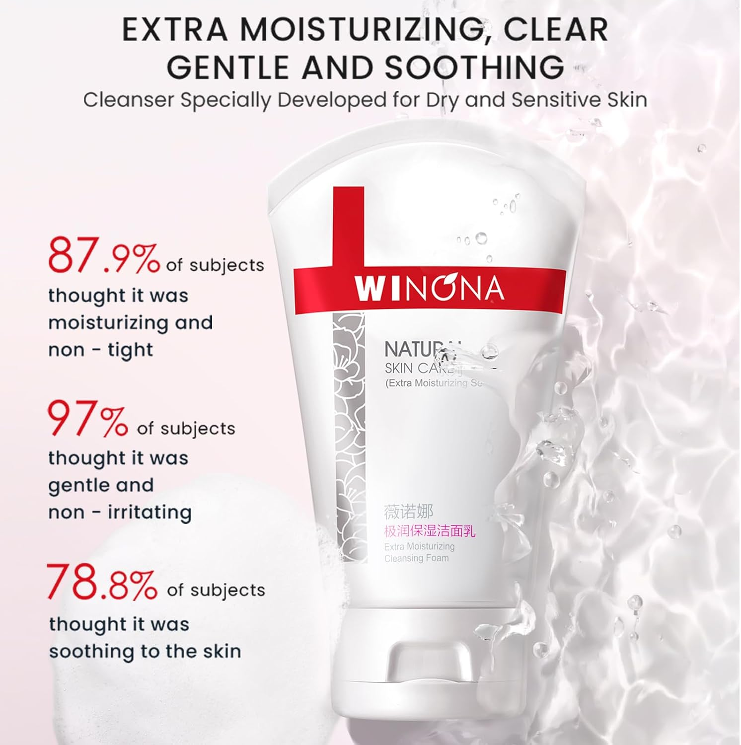 WINONA Face Wash 80G, Extra Moisturizing Cleansing Foam for for Dry & Sensitive Skin, Lightweight, Gentle Cleanser with Sodium Hyaluronate, Soothing and Hydrating, Suitable for Men & Women