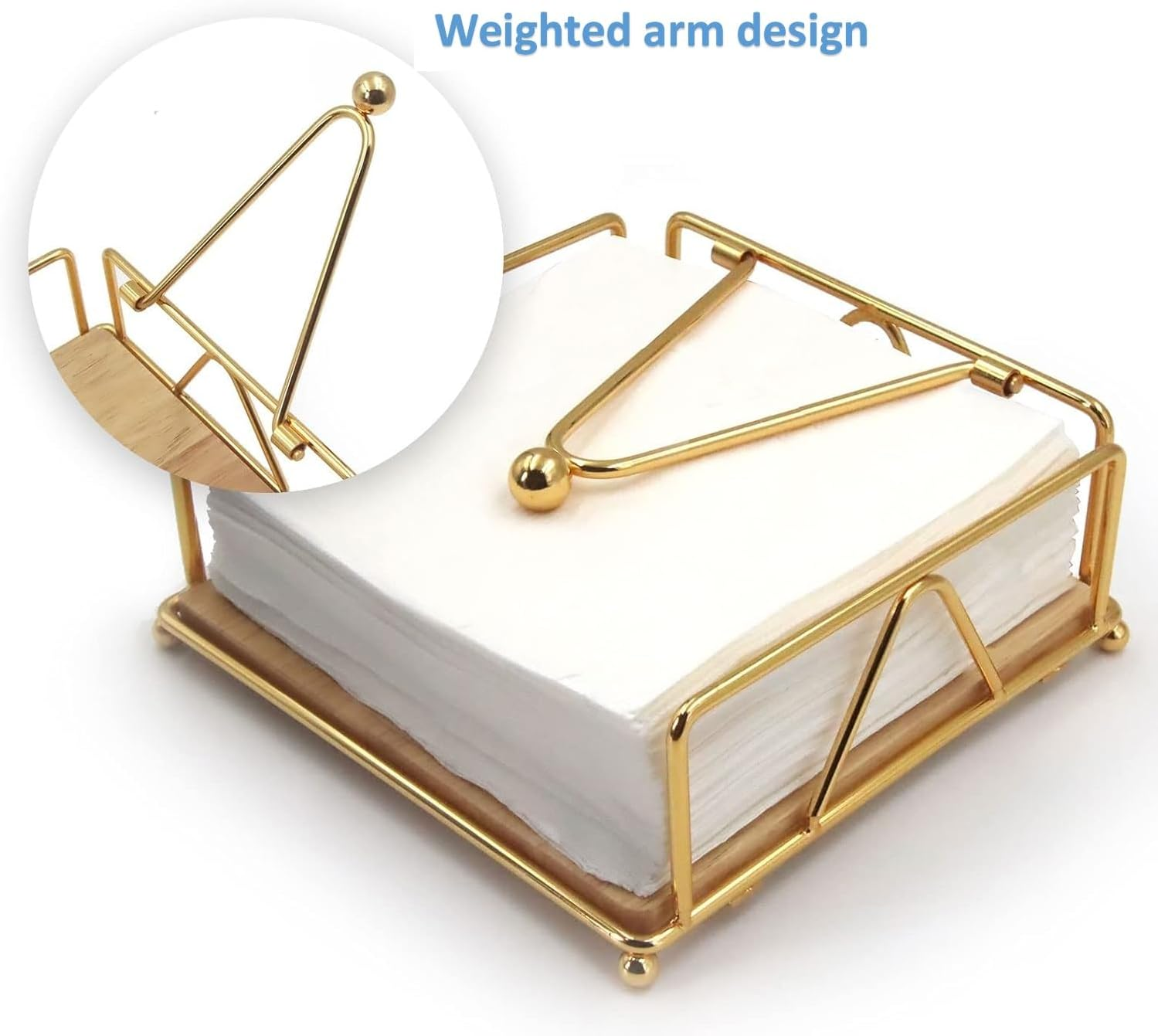Metal Napkin Holder with Weighted Arm,Metal Napkin Holder with Wooden Base,Square Napkin Holder,Elegant Paper Napkin Dispenser,Metal Flat Napkin Holder for Kitchen Counter, Dining Table (Gold) image number 6