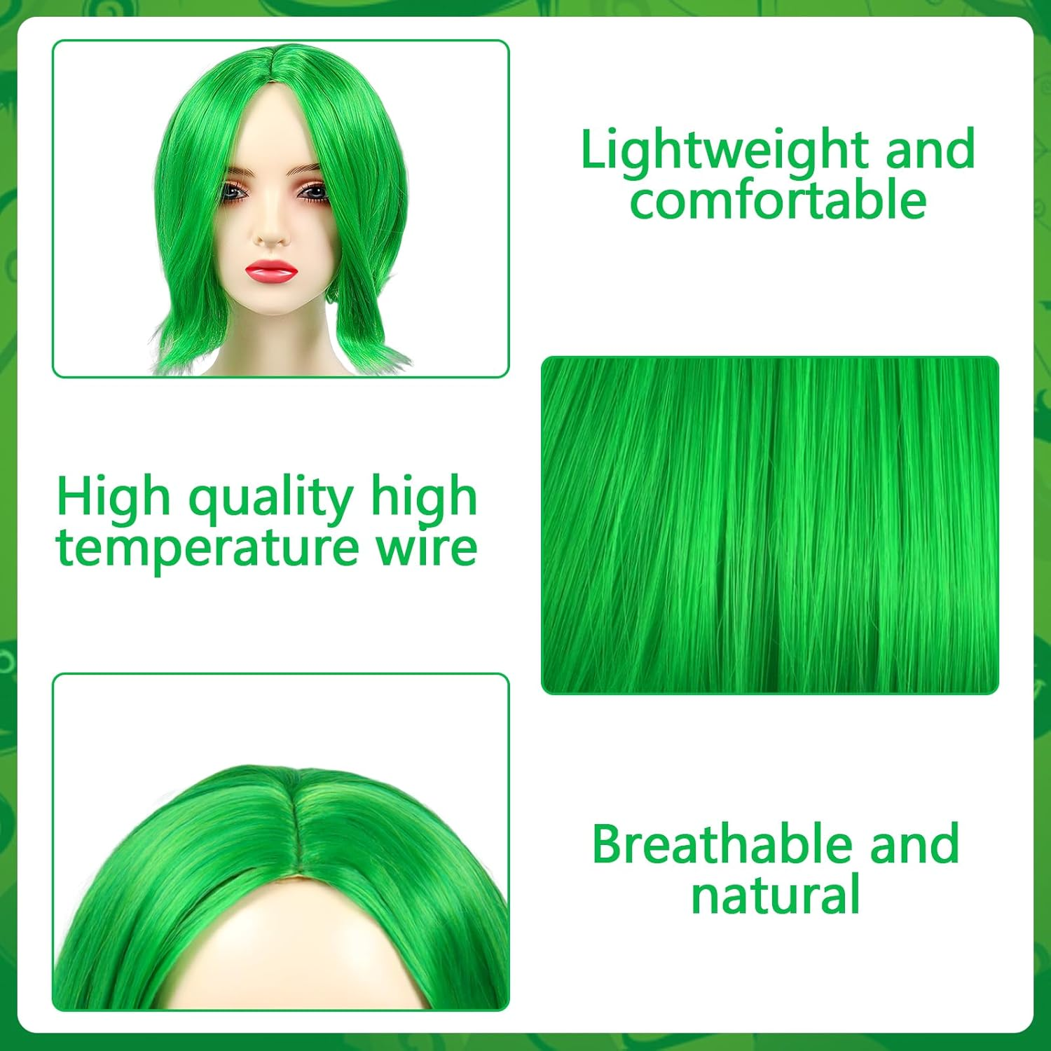 Short Green Wig, Green Wigs with Green False Eyelashes, Purple Scarf and Earrings, Women'S Green Wig Short, Disgust Anime Cosplay Wigs for Halloween Costume Carnival Theme Party