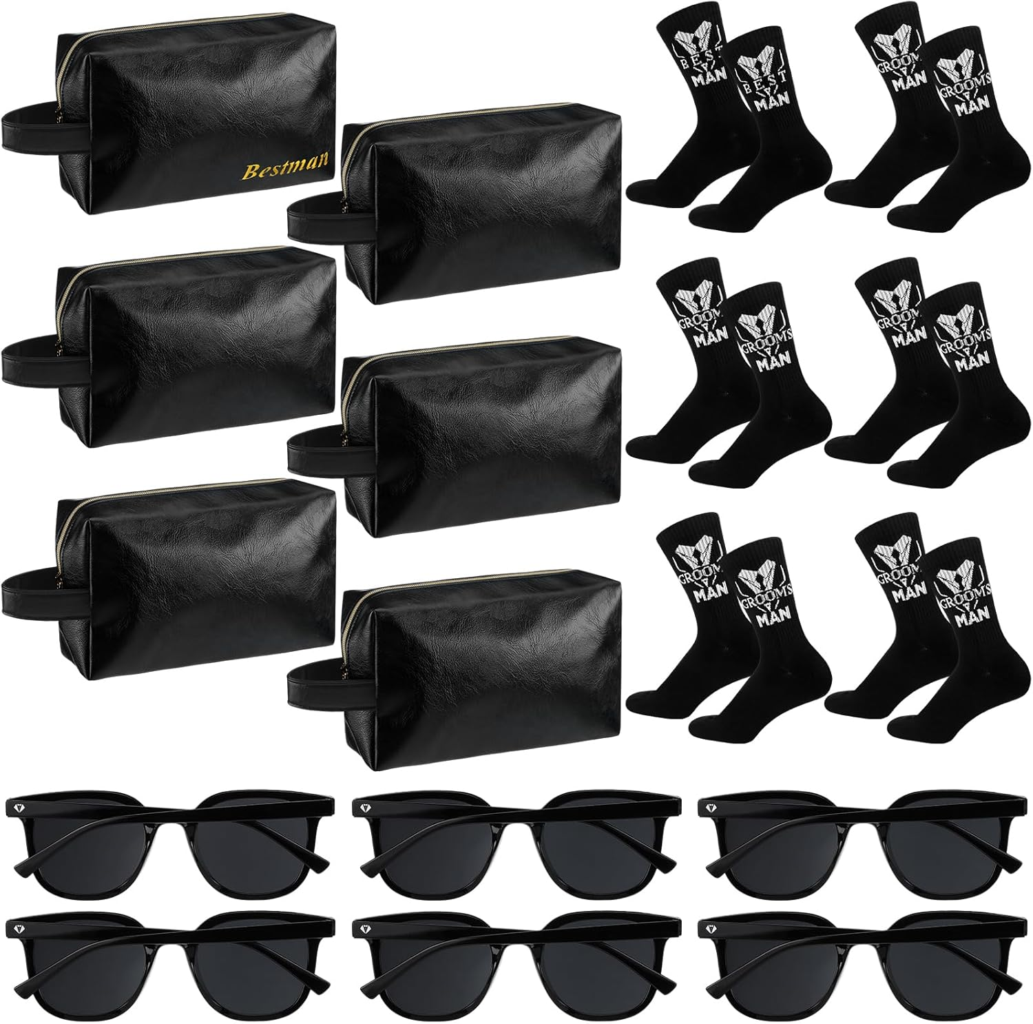Chicingyou 18 Pcs Groomsmen Gifts Set of 6, Groomsman Proposal Gift Includes 6 Leather Toiletry Bags 6 Sunglasses and 6 Pairs of Socks for Wedding Man Gift Bachelor Party Favors image number 4