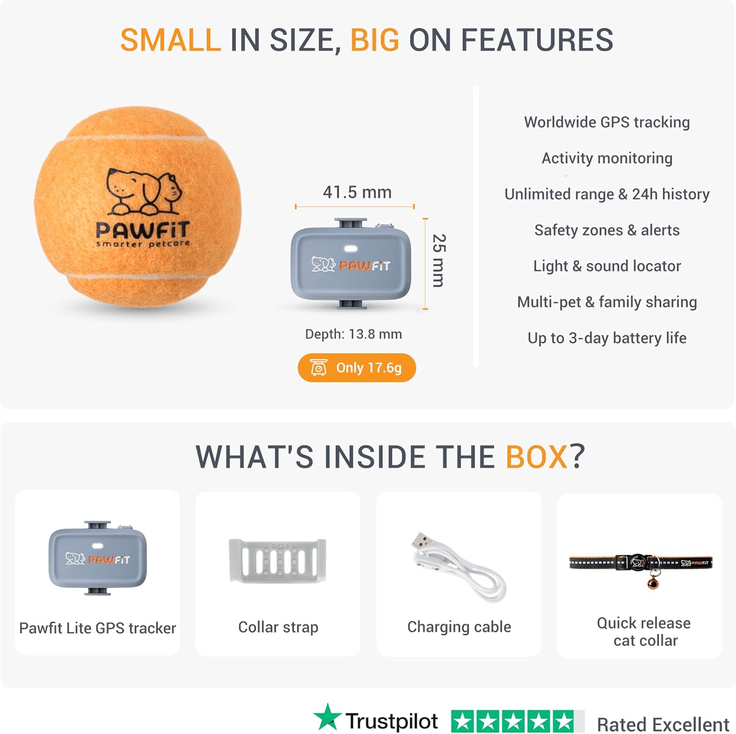 Pawfit Lite for Cats 4G GPS Tracker | Real Time Tracking | Activity Monitoring |Location History | Unlimited Range | Safety Collar Included | Lilac Grey image number 1