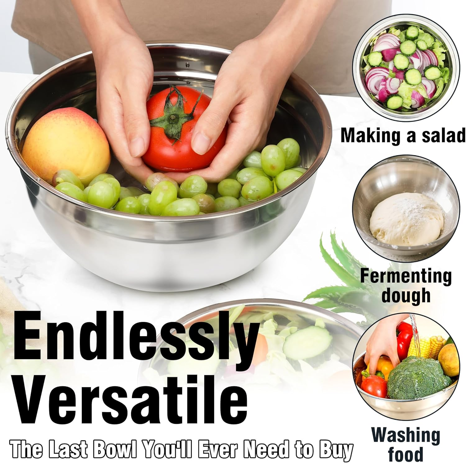 BEWOS 7-Piece Stainless Steel Mixing Bowl Set with Lids - Nesting Bowls for Space Saving, Dishwasher Safe, Sizes 0.84, 1.32, 1.80, 2.52, 4.20, 4.80, 5.40 QT for Mixing & Serving image number 3