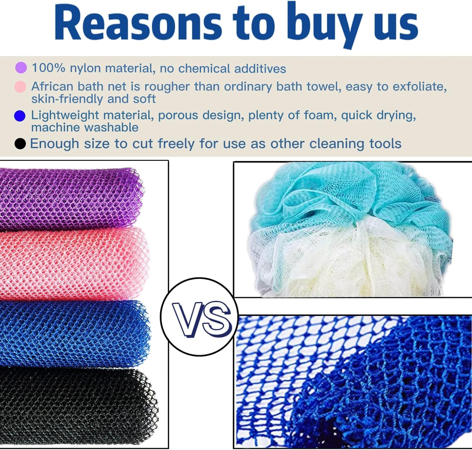 4 Pieces African Exfoliating Net, African Net Sponge, Nylon African Bath Sponge Net, African Net Long Net Bath Sponge Shower Body Scrubber (Black, Blue, Pink, Purple) image number 4