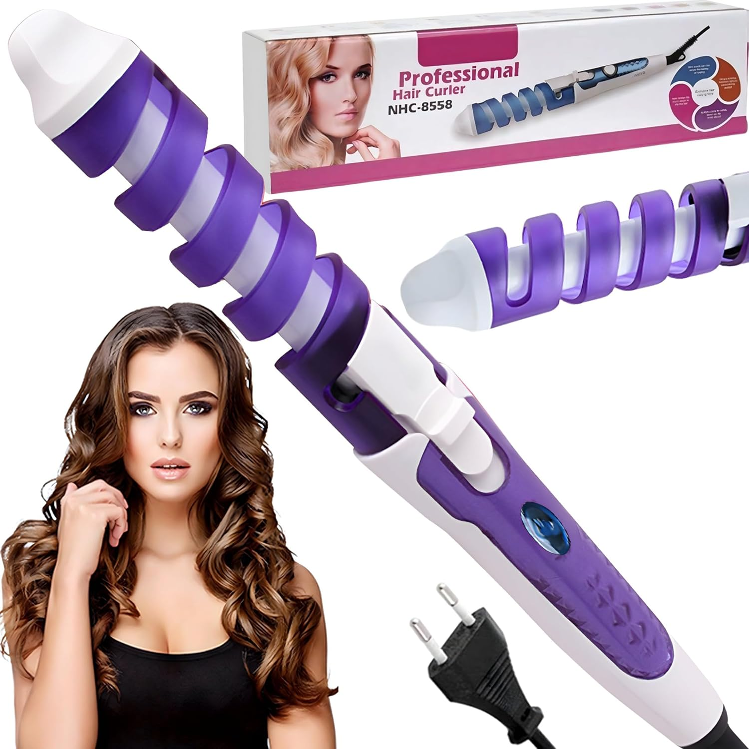 Retoo Curling Iron Ceramic Curlers Large Curls Spiral Ceramic Coating 210&deg;C Curling Iron Professional Hairdressing Salon Hair Curls Violet image number 6