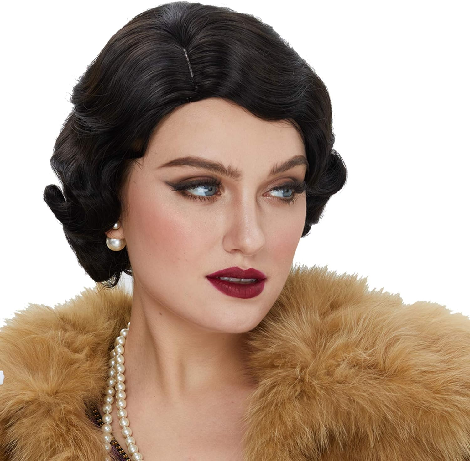 Stfantasy 1920S Brown Retro Finger Wave Wigs Long Curly Natural Wavy Synthetic Wig for Women Daily Costume Party (Black)