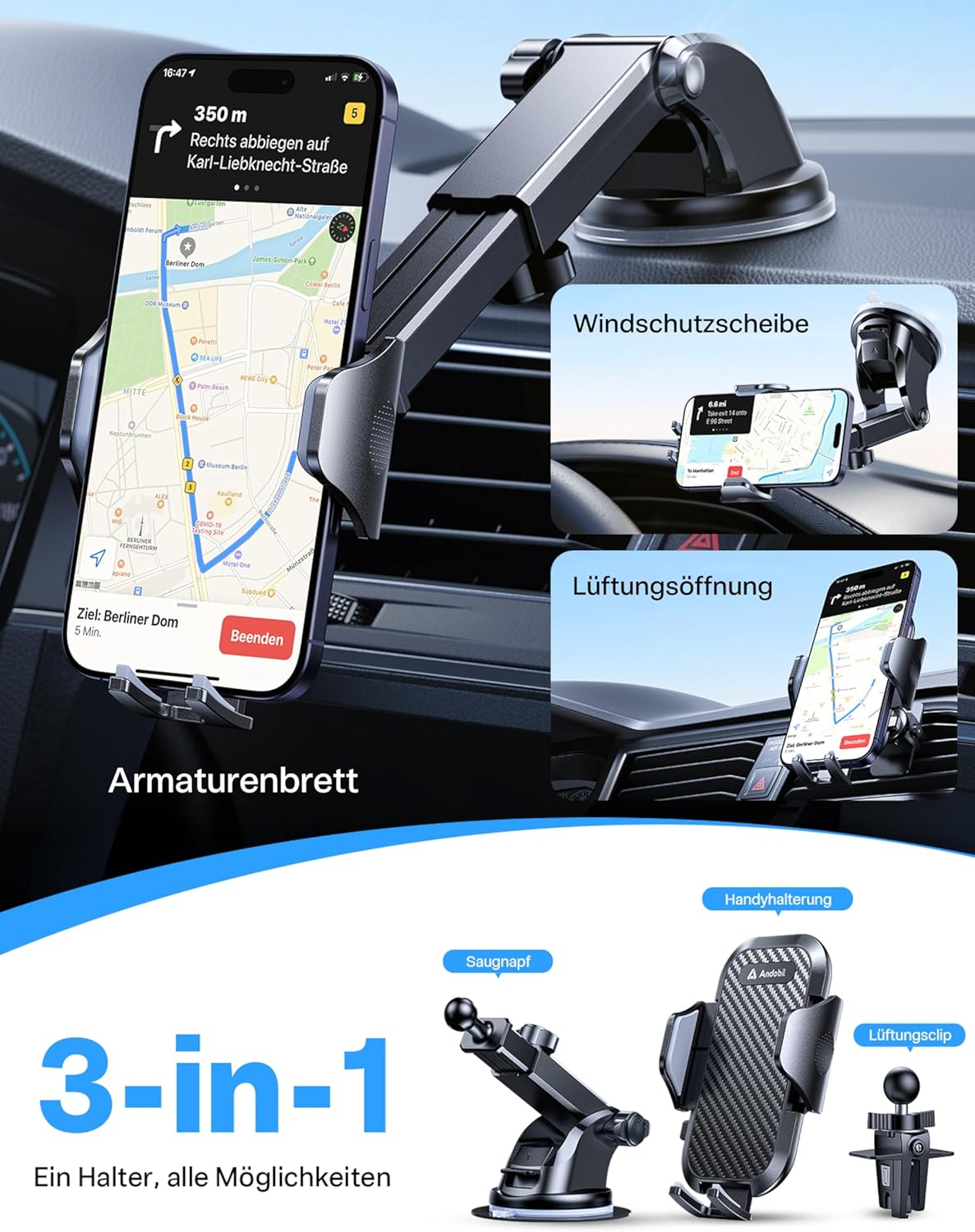 Andobil Car Phone Holder, [Ultra Stable] Hands Free Phone Mount for Dashboard, Windscreen, Air Vent, Desk, Universal Phone Stand Compatible with Iphone 12, 11, XR, XS, SE, Samsung Galaxy S20, Note 22 image number 3