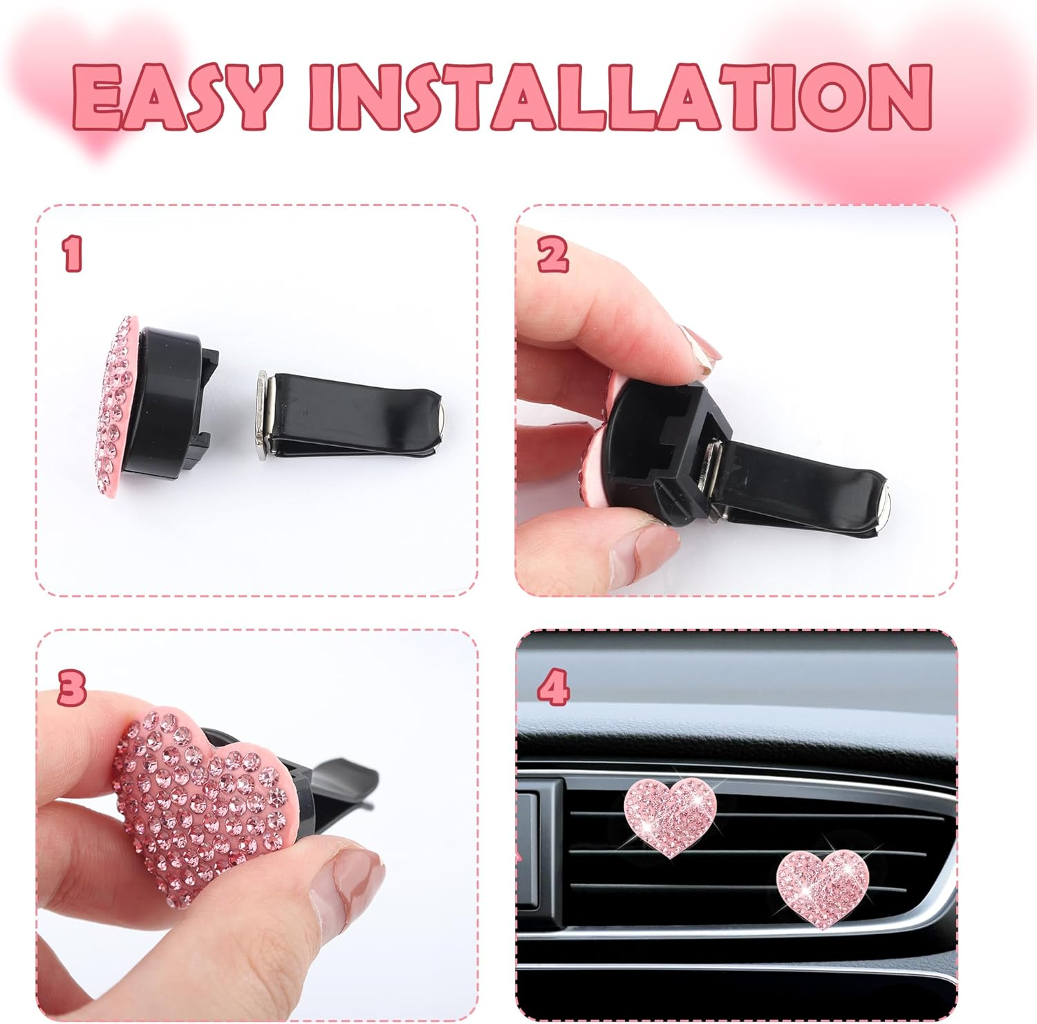 4PCS Heart-Shaped Car Vent Clips with Rhinestone,Bling Air Vent Clips Car Decorations,Premium Shiny Car Clips for Vents Ccar Accessories Interior for Cars,Trucks,Suvs (Pink) - Pink image number 5