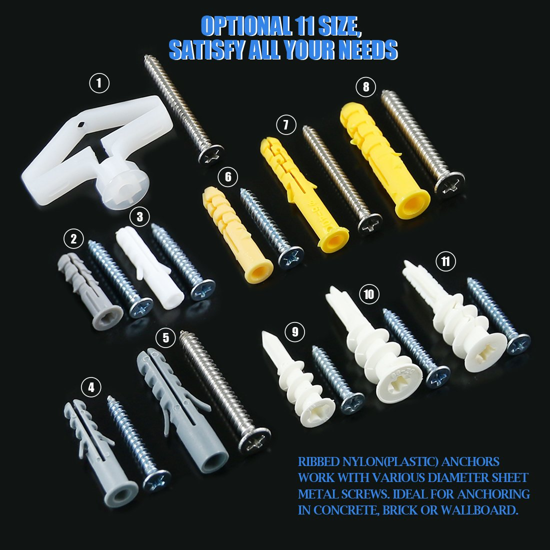 Glarks 212Pcs Phillips Flat Head Self Tapping Screws and Ribbed Anchors Assortment Screws Kit image number 4