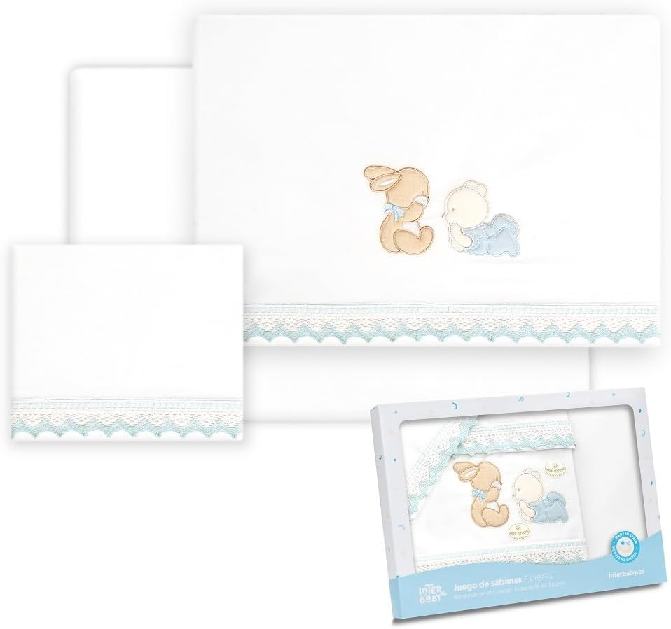 Interbaby Cotton Baby Bedding - Car/Moses/Carrycot - Bear Rabbit Lying down - 3 Piece Set - Fitted Sheet + Duvet Cover + Pillowcase