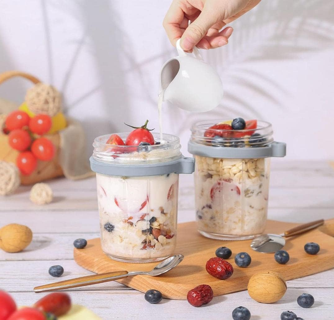 Kitment 6Pack Overnight Oats Container Jars, Oatmeal Containers with Lid and Spoon, 10Oz/350Ml Glass Mason Airtight Jars with Measurement Marks for Cereal, Yogurt, Milk, Vegetable, Fruit, Salad (Gray) image number 6