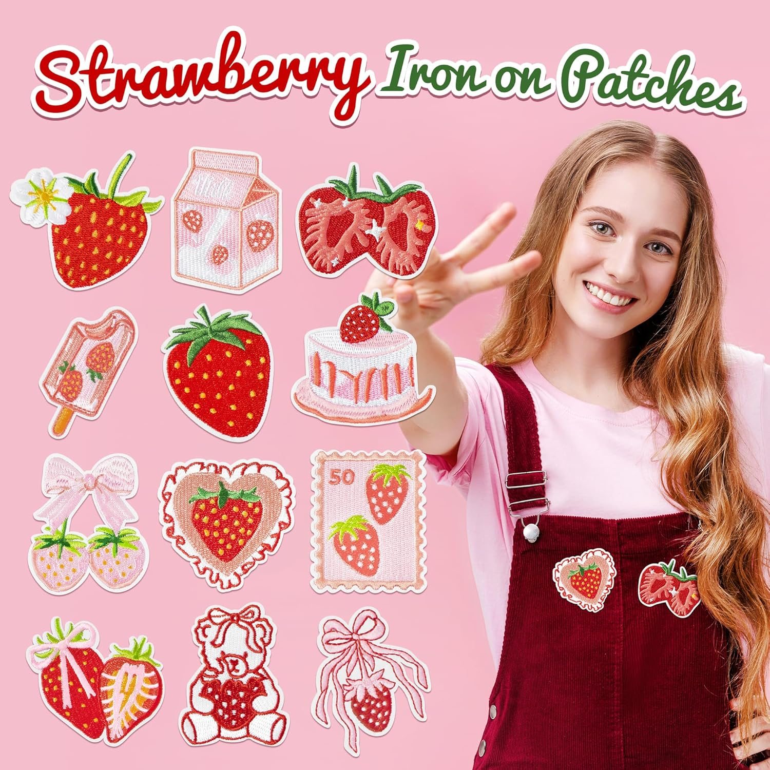 12Pcs Strawberry Iron on Patches Cute Fruit Cake Bow Sew on Repair Embroidered Applique Pink Red Coquette Aesthetic Girly Style DIY Craft Accessories Gifts for Preppy Girls Women Clothing Backpack Hat