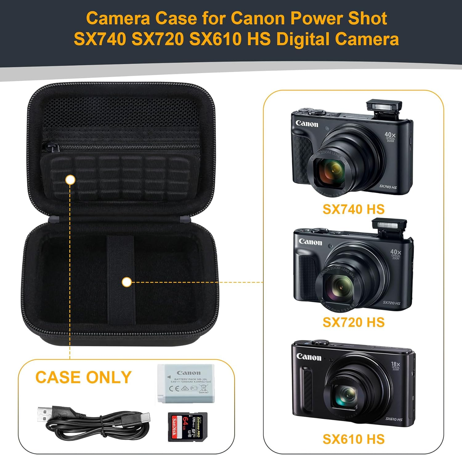 RAIALL Camera Case for Canon Powershot SX740/ SX730/ SX720/ SX710/ SX610/ SX260/ ELPH 360 HS Digital Camera, Vlogging Cameras Travel Bag, Mesh Pocket for Batteries, SD Cards and USB Cable, Black